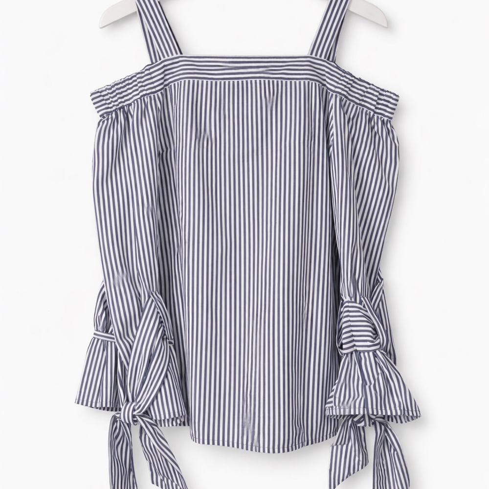 Michael Kors Navy and White Striped Off-Shoulder Tie-Sleeve Top